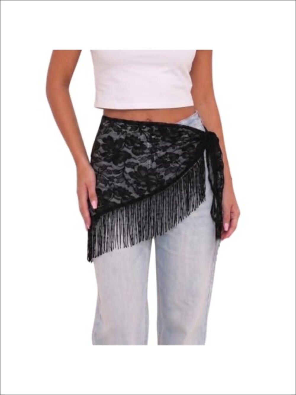 Sheer Lace Floral Tie Waist Hip Scarf Fringe Cover Up Festival Wrap